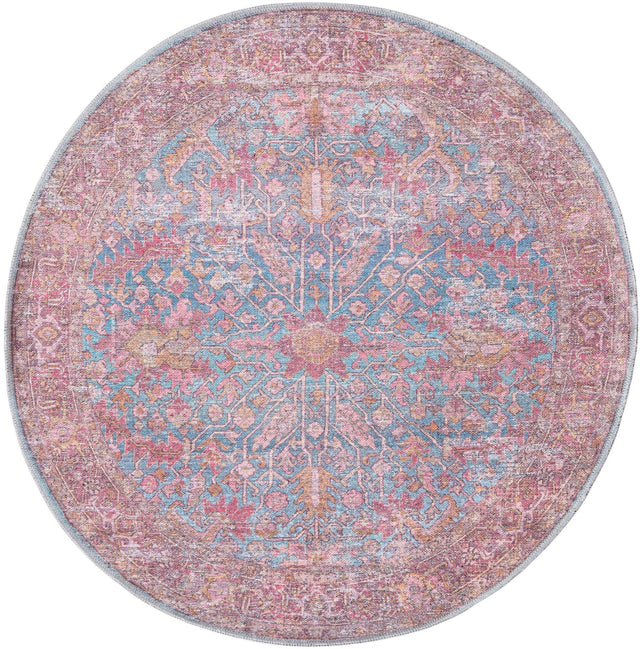 Washable Antique Blue 3' 11 x 3' 11 Mangata Round Area Rug Easy to Clean Stain Resistant & Durable Chenille Traditional Vintage Distressed Carpet for Sale at Rug Engine