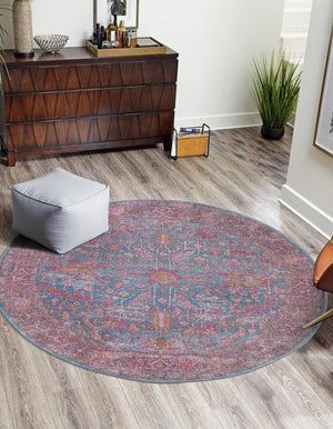 Washable Antique Blue 3' 11 x 3' 11 Mangata Round Area Rug Easy to Clean Stain Resistant & Durable Chenille Traditional Vintage Distressed Carpet for Sale at Rug Engine