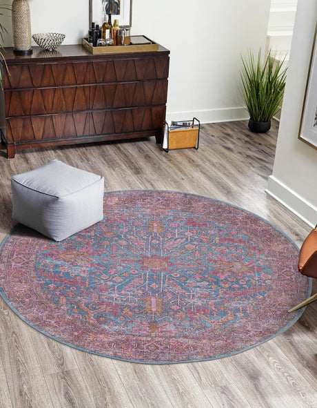 Washable Antique Blue 3' 11 x 3' 11 Mangata Round Area Rug Easy to Clean Stain Resistant & Durable Chenille Traditional Vintage Distressed Carpet for Sale at Rug Engine