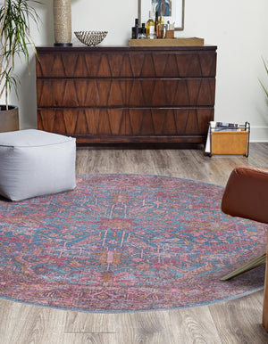 Washable Antique Blue 5' 3 x 5' 3 Mangata Round Area Rug Easy to Clean Stain Resistant & Durable Chenille Traditional Vintage Distressed Carpet for Sale at Rug Engine