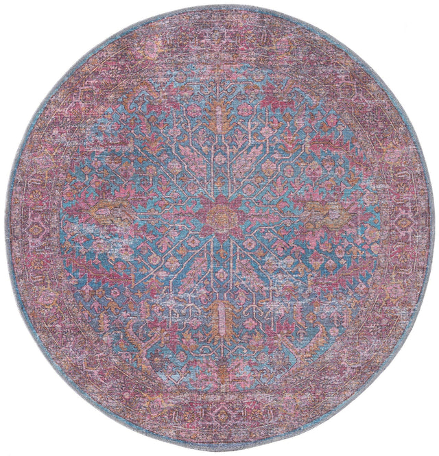 Washable Antique Blue 5' 3 x 5' 3 Mangata Round Area Rug Easy to Clean Stain Resistant & Durable Chenille Traditional Vintage Distressed Carpet for Sale at Rug Engine