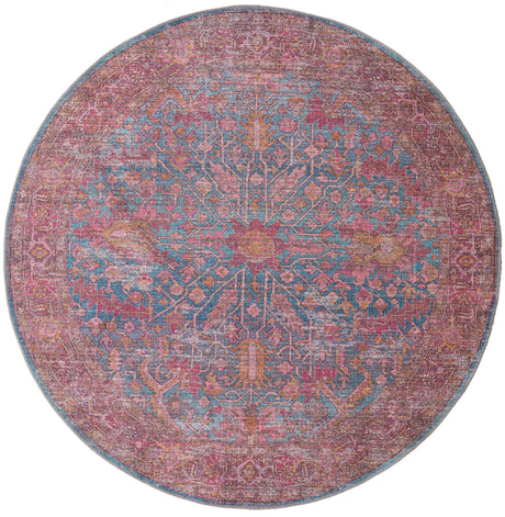 Washable Antique Blue 7' 3 x 7' 3 Mangata Round Area Rug Easy to Clean Stain Resistant & Durable Chenille Traditional Vintage Distressed Carpet for Sale at Rug Engine