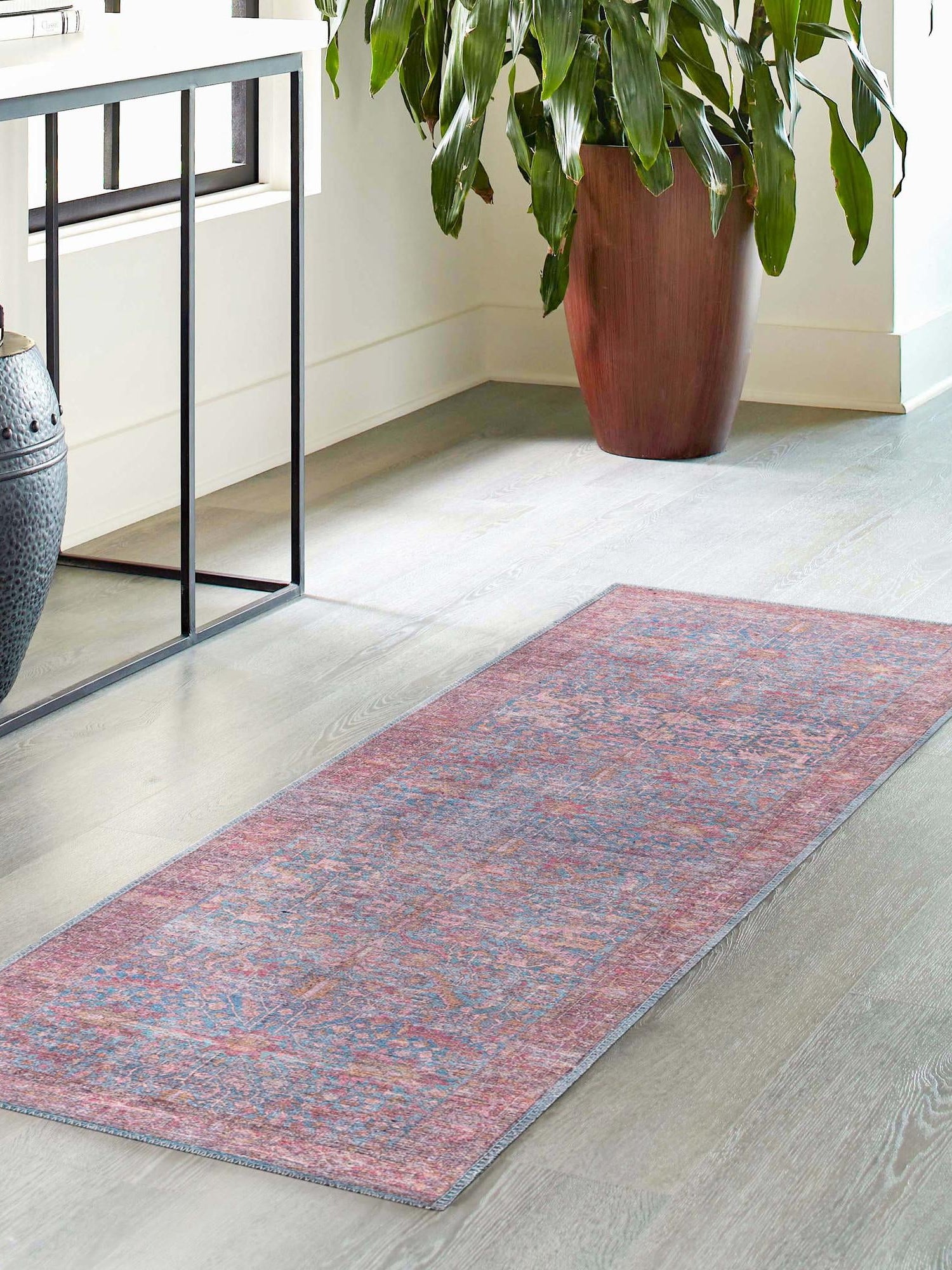 Washable Antique Blue 2' x 7' 10 Mangata Runner Area Rug Easy to Clean Stain Resistant & Durable Chenille Traditional Vintage Distressed Carpet for Sale at Rug Engine