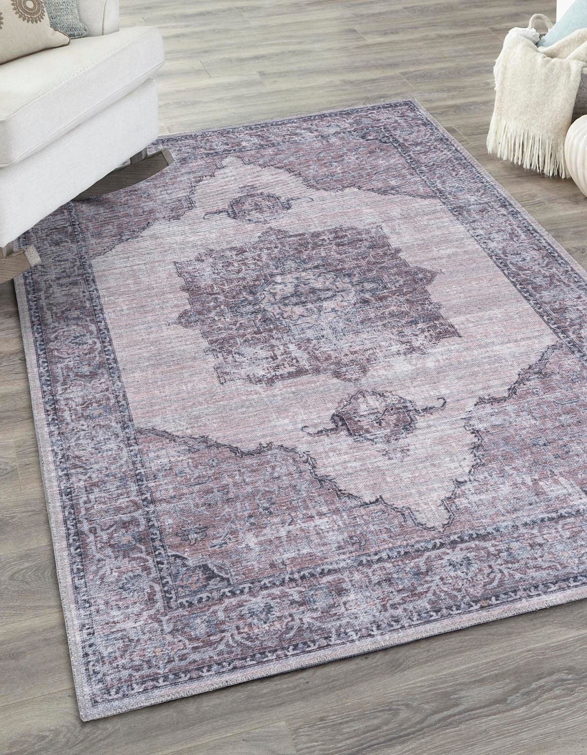 Washable Ivory and Gray 3' 3 x 5' 3 Mangata Washable Rectangle Area Rug Easy to Clean Stain Resistant & Durable Chenille Traditional Vintage Distressed Carpet for Sale at Rug Engine