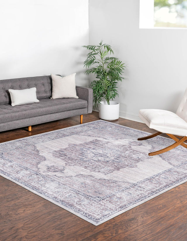 Washable Ivory and Gray 3' 3 x 3' 3 Mangata Square Area Rug Easy to Clean Stain Resistant & Durable Chenille Traditional Vintage Distressed Carpet for Sale at Rug Engine