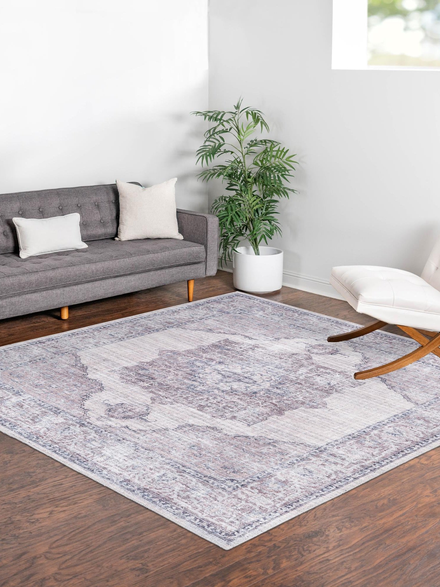 Washable Ivory and Gray 5' 3 x 5' 3 Mangata Square Area Rug Easy to Clean Stain Resistant & Durable Chenille Traditional Vintage Distressed Carpet for Sale at Rug Engine