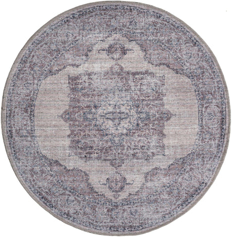 Washable Ivory and Gray 3' 11 x 3' 11 Mangata Round Area Rug Easy to Clean Stain Resistant & Durable Chenille Traditional Vintage Distressed Carpet for Sale at Rug Engine