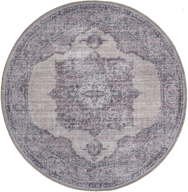 Washable Ivory and Gray 3' 11 x 3' 11 Mangata Round Area Rug Easy to Clean Stain Resistant & Durable Chenille Traditional Vintage Distressed Carpet for Sale at Rug Engine