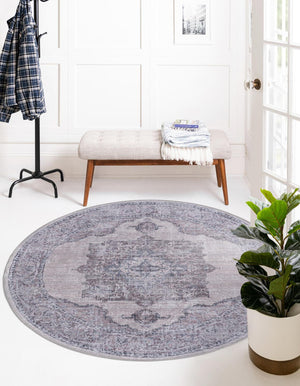 Washable Ivory and Gray 5' 3 x 5' 3 Mangata Round Area Rug Easy to Clean Stain Resistant & Durable Chenille Traditional Vintage Distressed Carpet for Sale at Rug Engine