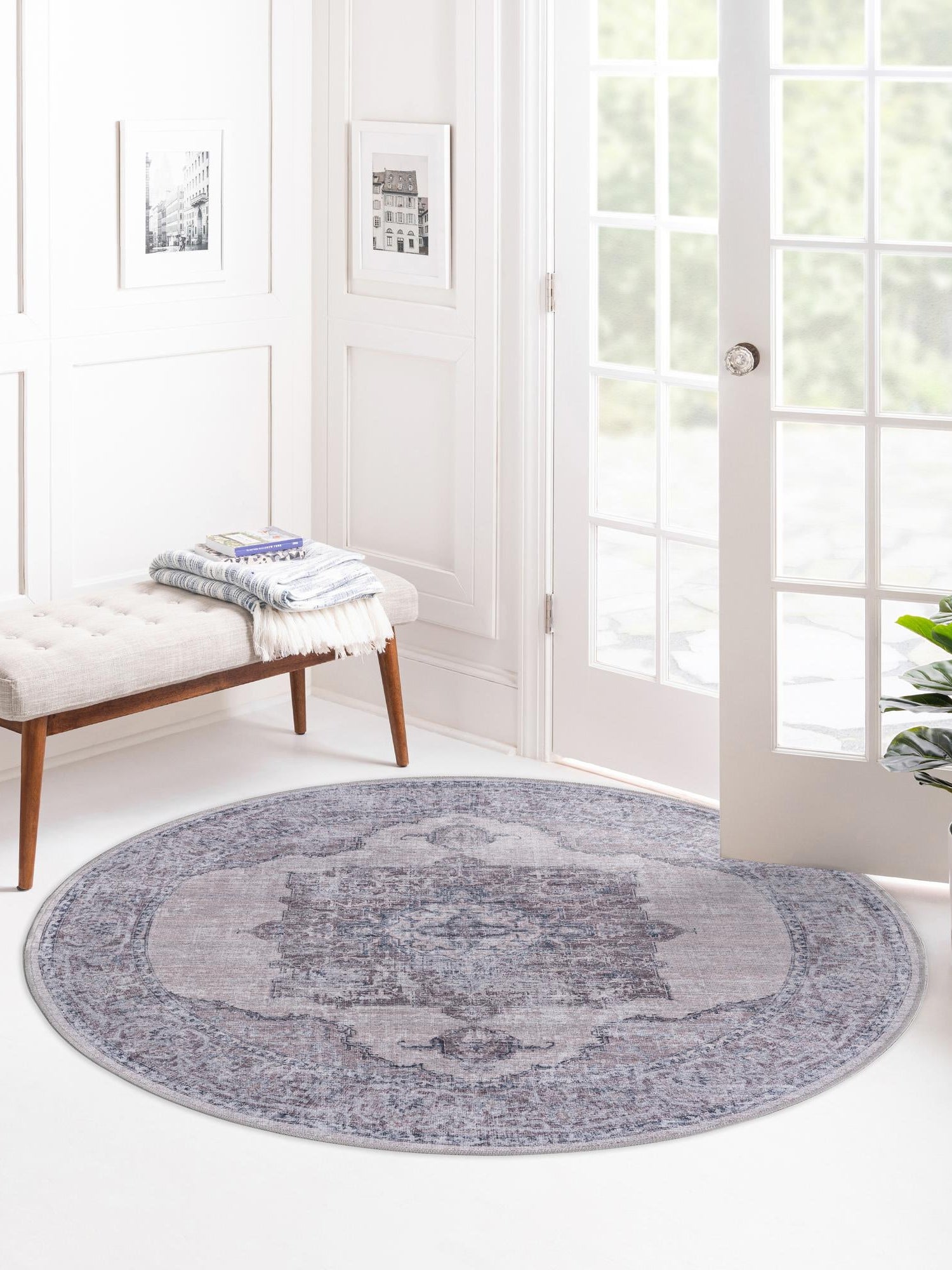 Washable Ivory and Gray 7' 10 x 7' 10 Mangata Round Area Rug Easy to Clean Stain Resistant & Durable Chenille Traditional Vintage Distressed Carpet for Sale at Rug Engine