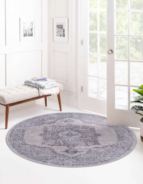 Washable Ivory and Gray 5' 3 x 5' 3 Mangata Round Area Rug Easy to Clean Stain Resistant & Durable Chenille Traditional Vintage Distressed Carpet for Sale at Rug Engine