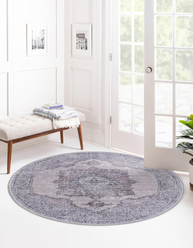 Washable Ivory and Gray 5' 3 x 5' 3 Mangata Round Area Rug Easy to Clean Stain Resistant & Durable Chenille Traditional Vintage Distressed Carpet for Sale at Rug Engine
