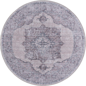Washable Ivory and Gray 5' 3 x 5' 3 Mangata Round Area Rug Easy to Clean Stain Resistant & Durable Chenille Traditional Vintage Distressed Carpet for Sale at Rug Engine