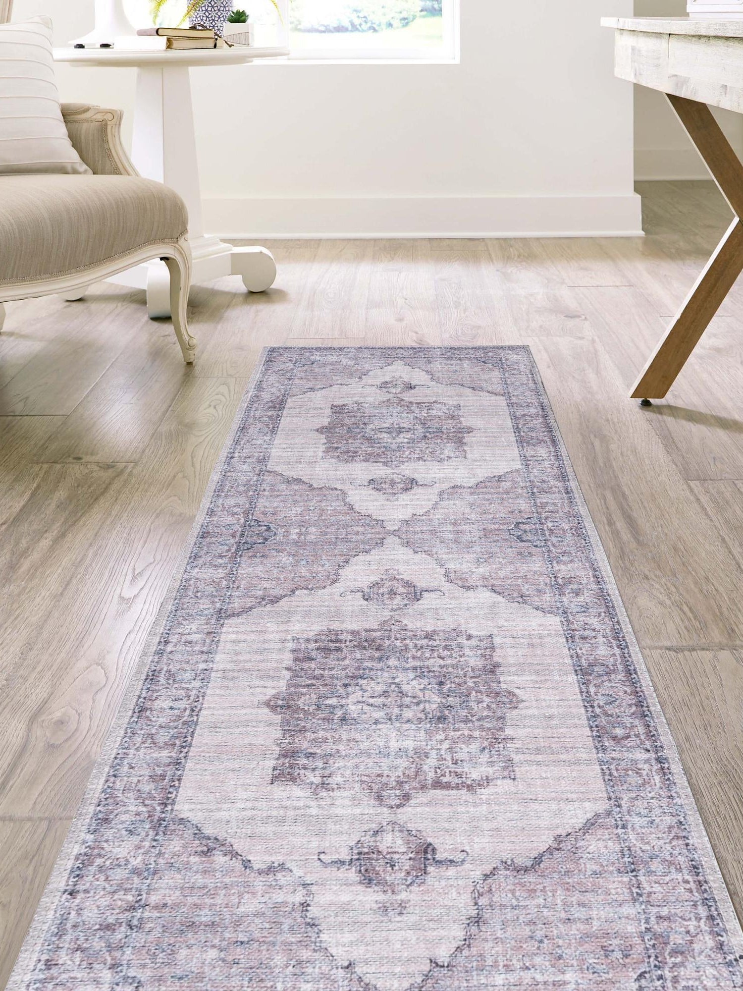 Washable Ivory and Gray 2' 7 x 19' 8 Mangata Runner Area Rug Easy to Clean Stain Resistant & Durable Chenille Traditional Vintage Distressed Carpet for Sale at Rug Engine