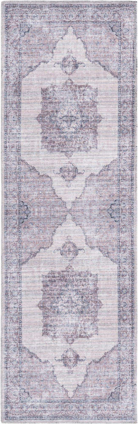 Washable Ivory and Gray 2' x 6' Mangata Washable Runner Area Rug Easy to Clean Stain Resistant & Durable Chenille Traditional Vintage Distressed Carpet for Sale at Rug Engine