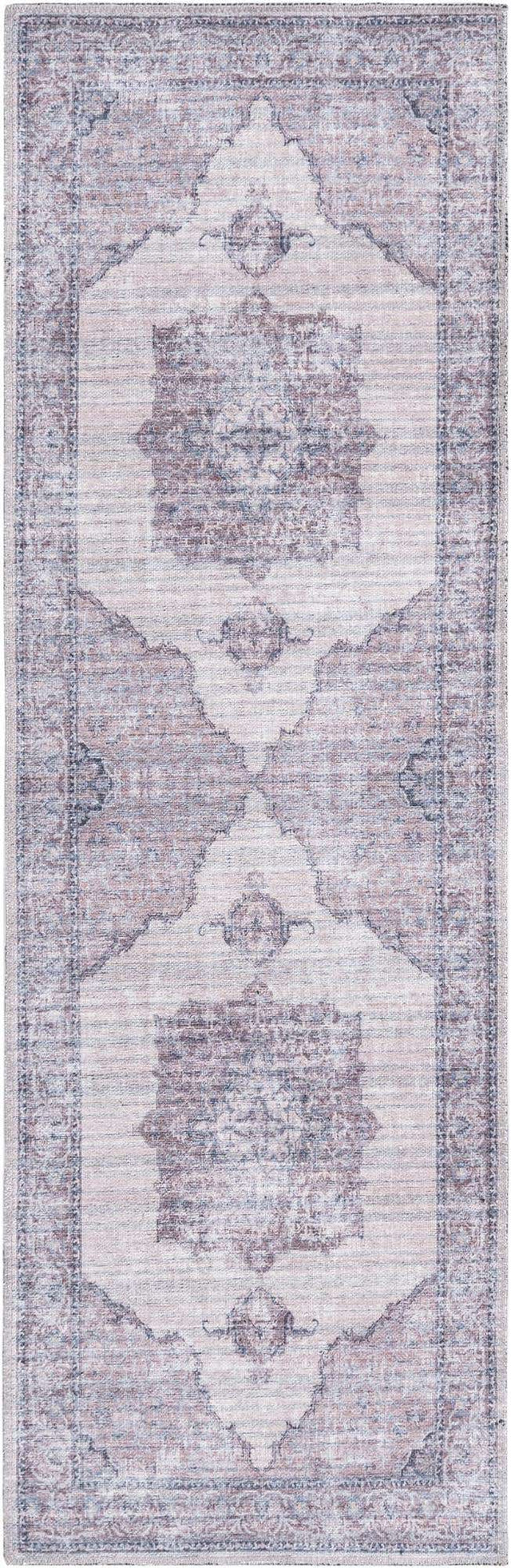 Washable Ivory and Gray 2' x 6' Mangata Washable Runner Area Rug Easy to Clean Stain Resistant & Durable Chenille Traditional Vintage Distressed Carpet for Sale at Rug Engine