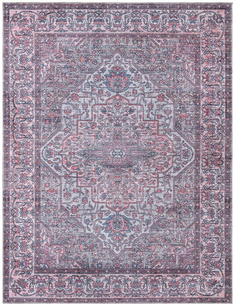 Washable Beige and pink 8' x 10' Mangata Washable Rectangle Area Rug Easy to Clean Stain Resistant & Durable Chenille Traditional Vintage Distressed Carpet for Sale at Rug Engine