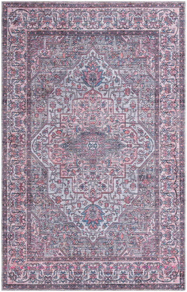 Washable Beige and pink 5' 11 x 9' Mangata Rectangle Area Rug Easy to Clean Stain Resistant & Durable Chenille Traditional Vintage Distressed Carpet for Sale at Rug Engine