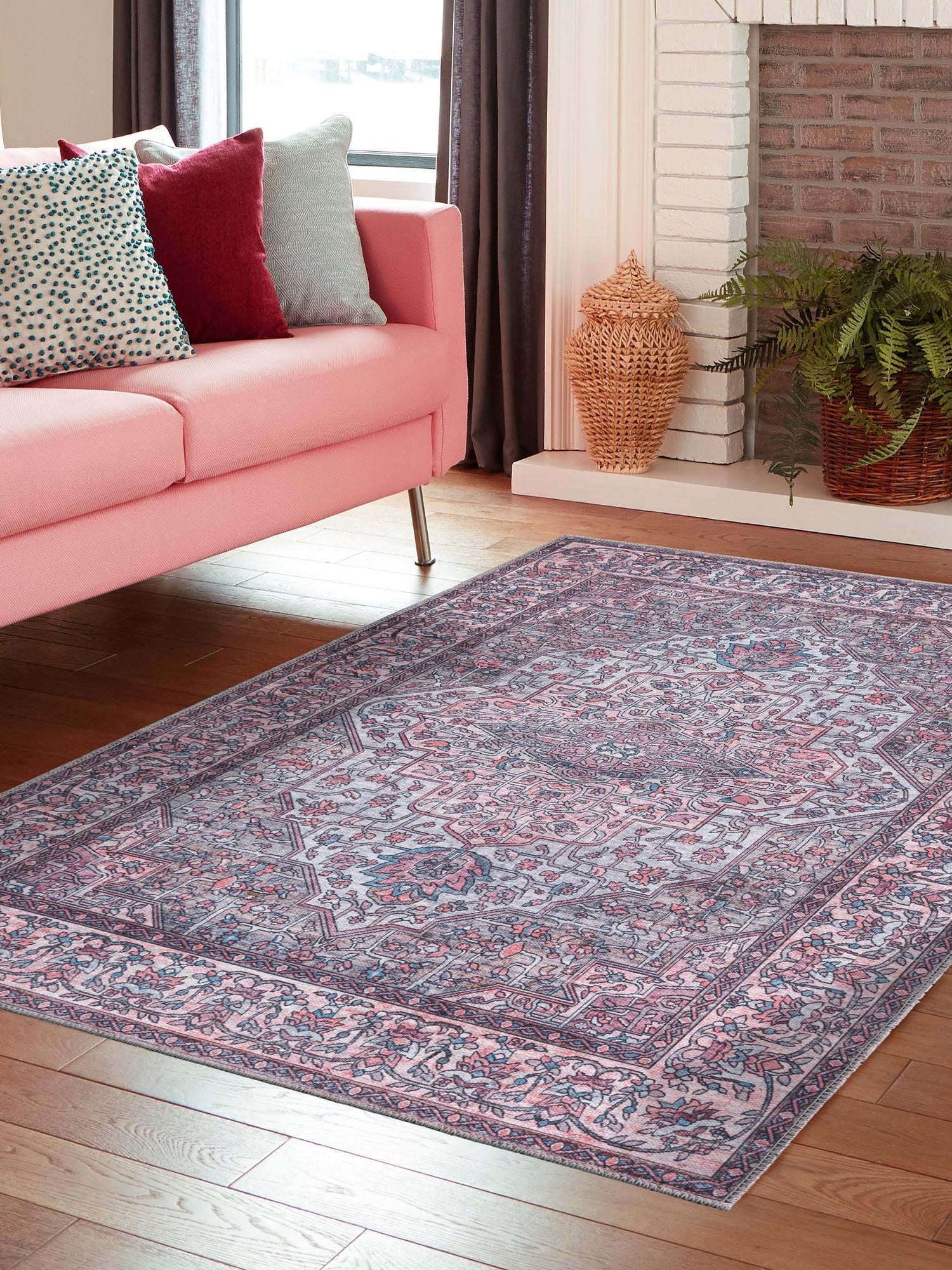 Washable Beige and pink 10' 6 x 13' Mangata Rectangle Area Rug Easy to Clean Stain Resistant & Durable Chenille Traditional Vintage Distressed Carpet for Sale at Rug Engine
