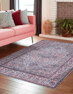 Washable Beige and pink 5' 3 x 8' Mangata Rectangle Area Rug Easy to Clean Stain Resistant & Durable Chenille Traditional Vintage Distressed Carpet for Sale at Rug Engine