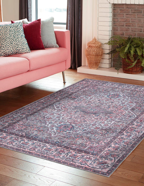 Washable Beige and pink 5' 11 x 9' Mangata Rectangle Area Rug Easy to Clean Stain Resistant & Durable Chenille Traditional Vintage Distressed Carpet for Sale at Rug Engine