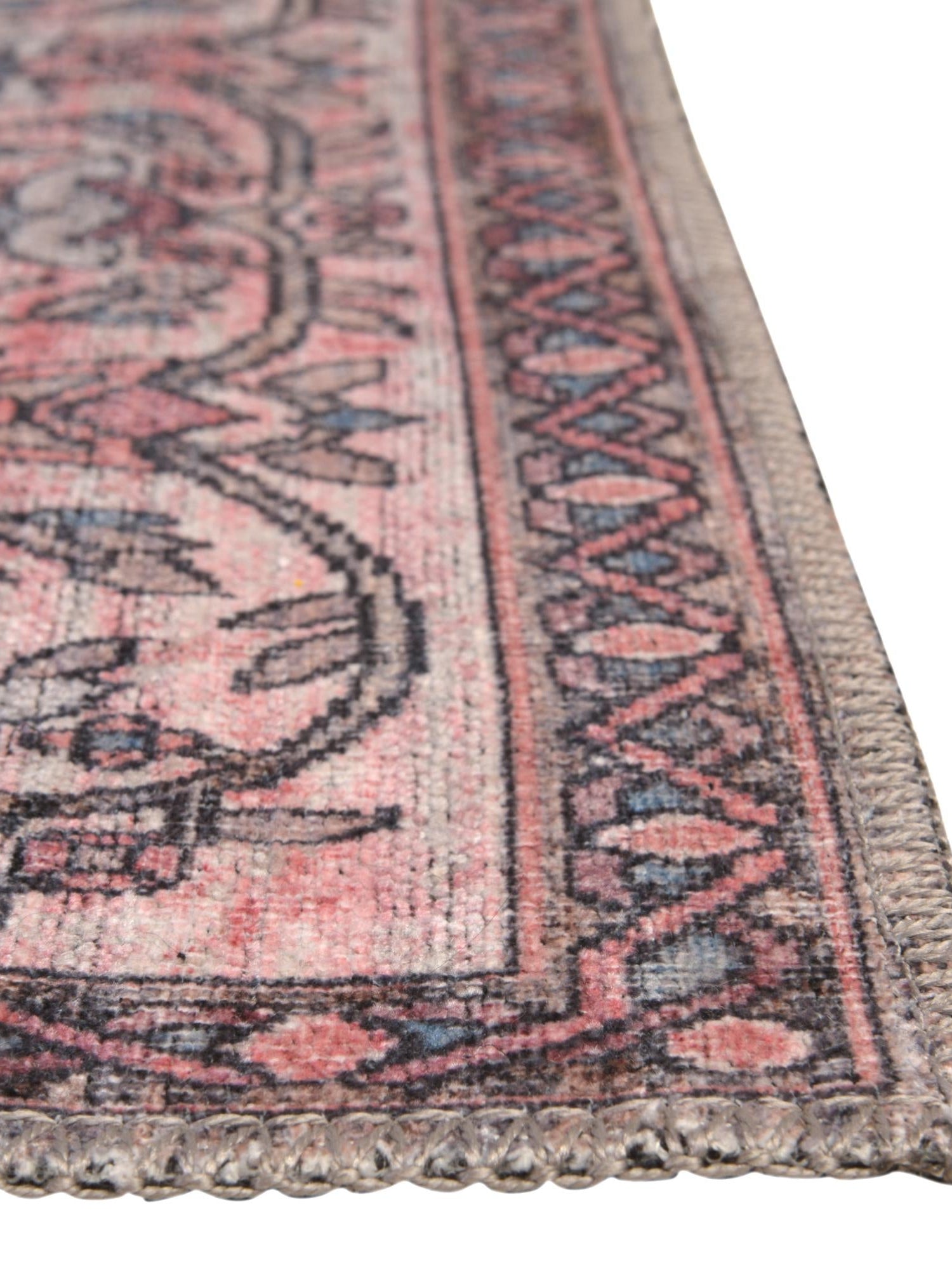 Washable Beige and pink 5' 11 x 9' Mangata Rectangle Area Rug Easy to Clean Stain Resistant & Durable Chenille Traditional Vintage Distressed Carpet for Sale at Rug Engine