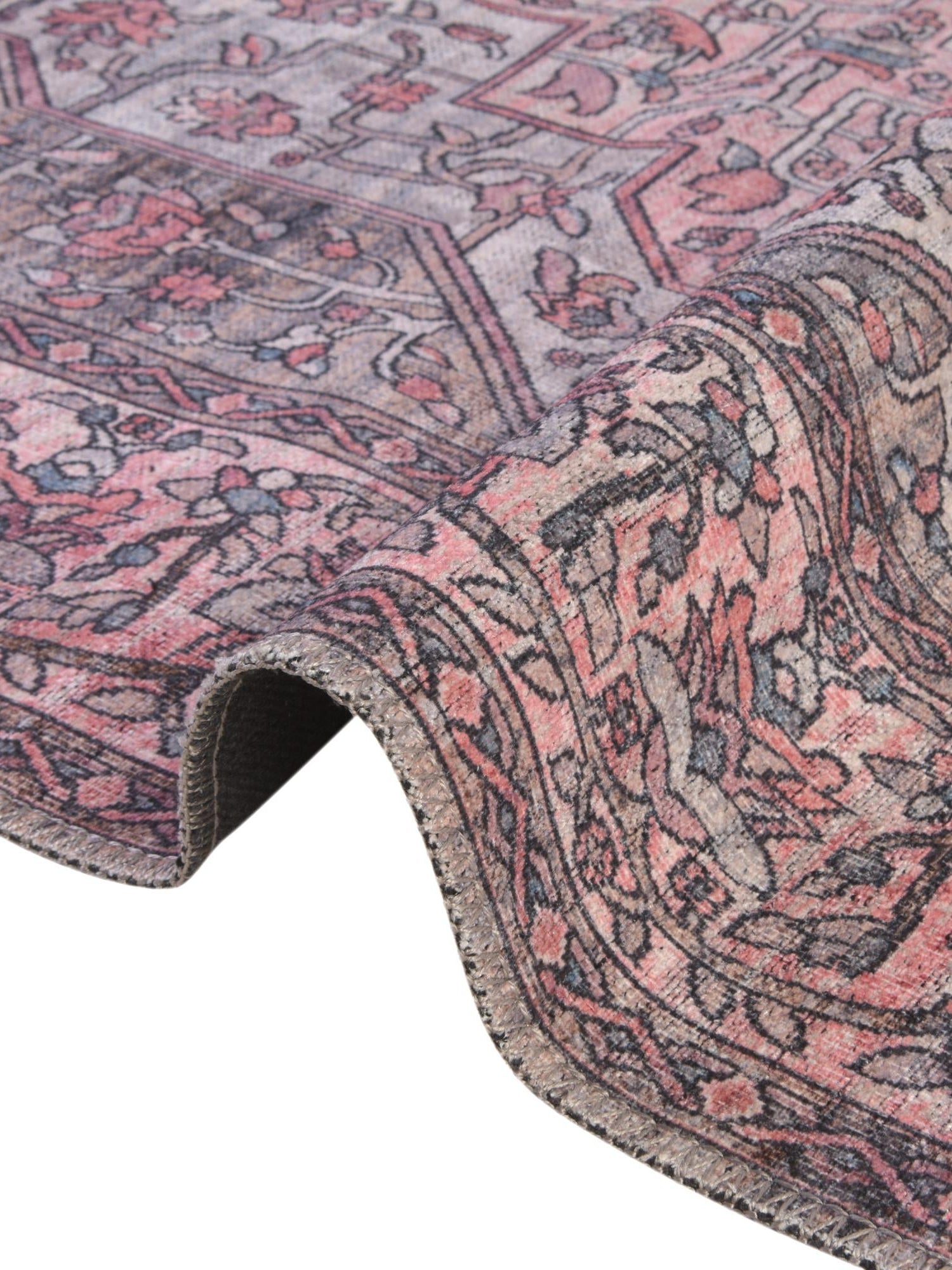 Washable Beige and pink 3' 11 x 6' Mangata Rectangle Area Rug Easy to Clean Stain Resistant & Durable Chenille Traditional Vintage Distressed Carpet for Sale at Rug Engine