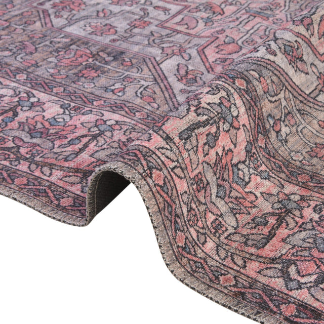 Washable Beige and pink 5' 3 x 8' Mangata Rectangle Area Rug Easy to Clean Stain Resistant & Durable Chenille Traditional Vintage Distressed Carpet for Sale at Rug Engine