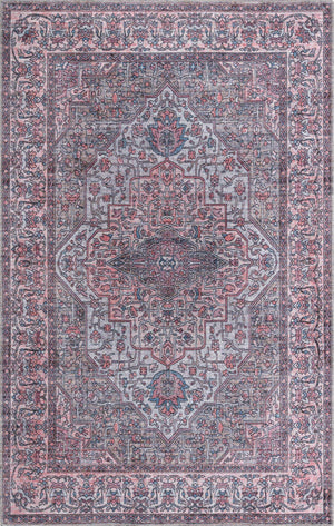 Washable Beige and pink 5' 3 x 8' Mangata Rectangle Area Rug Easy to Clean Stain Resistant & Durable Chenille Traditional Vintage Distressed Carpet for Sale at Rug Engine