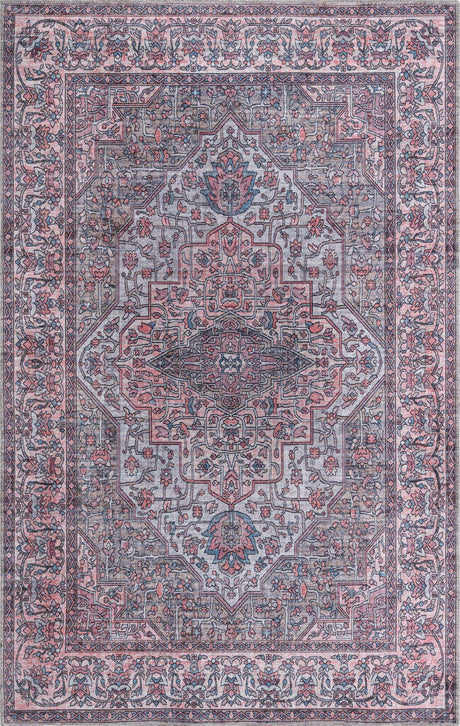 Washable Beige and pink 5' 3 x 8' Mangata Rectangle Area Rug Easy to Clean Stain Resistant & Durable Chenille Traditional Vintage Distressed Carpet for Sale at Rug Engine