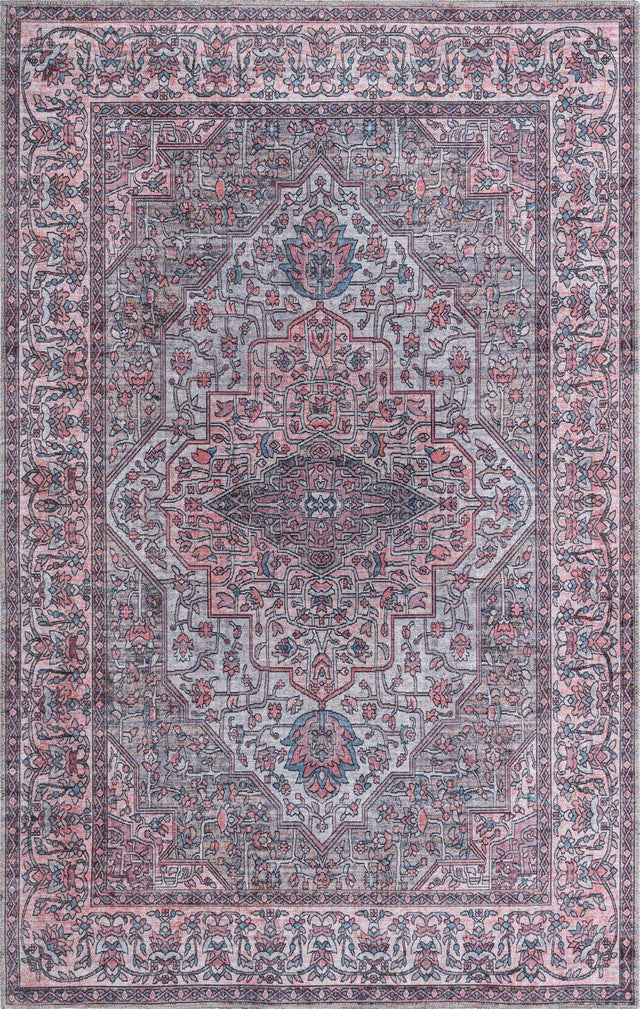 Washable Beige and pink 5' 3 x 8' Mangata Rectangle Area Rug Easy to Clean Stain Resistant & Durable Chenille Traditional Vintage Distressed Carpet for Sale at Rug Engine