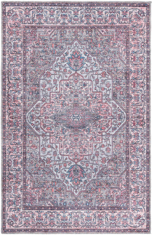 Washable Beige and pink 3' 11 x 6' Mangata Rectangle Area Rug Easy to Clean Stain Resistant & Durable Chenille Traditional Vintage Distressed Carpet for Sale at Rug Engine