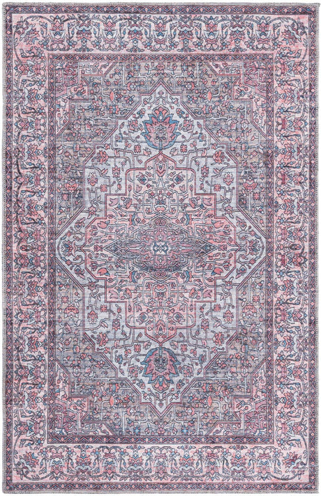 Washable Beige and pink 3' 11 x 6' Mangata Rectangle Area Rug Easy to Clean Stain Resistant & Durable Chenille Traditional Vintage Distressed Carpet for Sale at Rug Engine