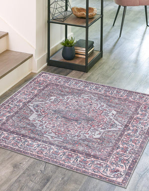 Washable Beige and pink 7' 10 x 7' 10 Mangata Square Area Rug Easy to Clean Stain Resistant & Durable Chenille Traditional Vintage Distressed Carpet for Sale at Rug Engine
