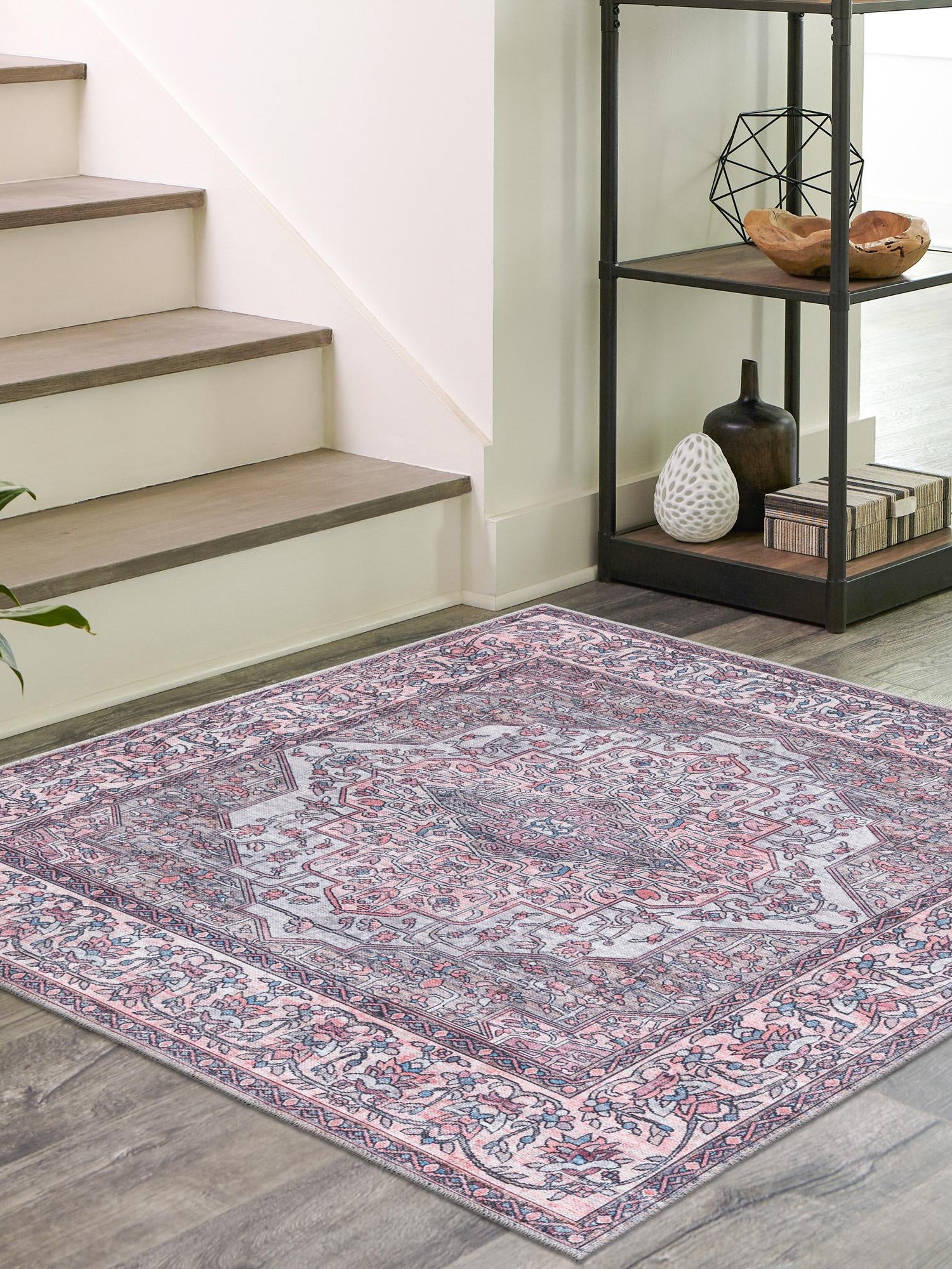 Washable Beige and pink 5' 3 x 5' 3 Mangata Square Area Rug Easy to Clean Stain Resistant & Durable Chenille Traditional Vintage Distressed Carpet for Sale at Rug Engine