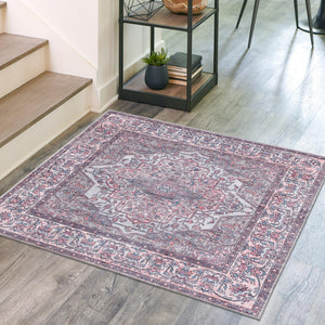 Washable Beige and pink 7' 10 x 7' 10 Mangata Square Area Rug Easy to Clean Stain Resistant & Durable Chenille Traditional Vintage Distressed Carpet for Sale at Rug Engine