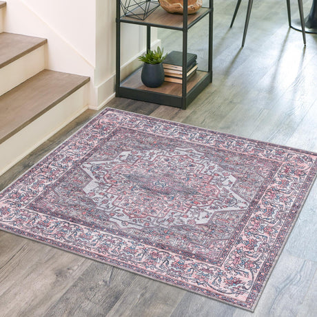 Washable Beige and pink 7' 10 x 7' 10 Mangata Square Area Rug Easy to Clean Stain Resistant & Durable Chenille Traditional Vintage Distressed Carpet for Sale at Rug Engine