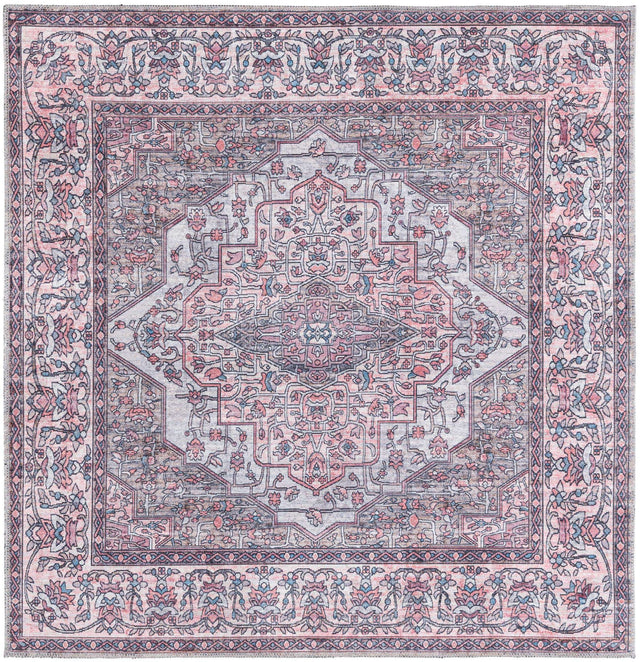 Washable Beige and pink 5' 3 x 5' 3 Mangata Square Area Rug Easy to Clean Stain Resistant & Durable Chenille Traditional Vintage Distressed Carpet for Sale at Rug Engine