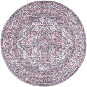 Washable Beige and pink 3' 11 x 3' 11 Mangata Round Area Rug Easy to Clean Stain Resistant & Durable Chenille Traditional Vintage Distressed Carpet for Sale at Rug Engine