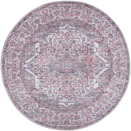 Washable Beige and pink 3' 11 x 3' 11 Mangata Round Area Rug Easy to Clean Stain Resistant & Durable Chenille Traditional Vintage Distressed Carpet for Sale at Rug Engine