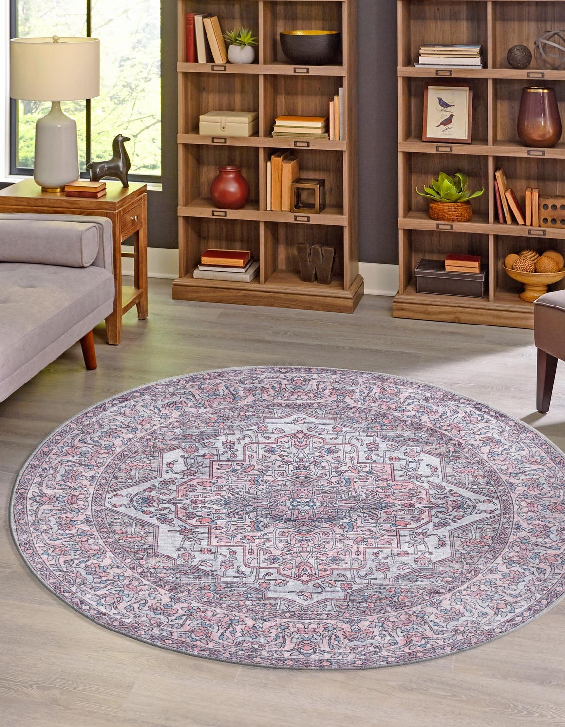 Washable Beige and pink 3' 11 x 3' 11 Mangata Round Area Rug Easy to Clean Stain Resistant & Durable Chenille Traditional Vintage Distressed Carpet for Sale at Rug Engine