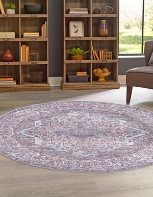 Washable Beige and pink 7' 3 x 7' 3 Mangata Round Area Rug Easy to Clean Stain Resistant & Durable Chenille Traditional Vintage Distressed Carpet for Sale at Rug Engine