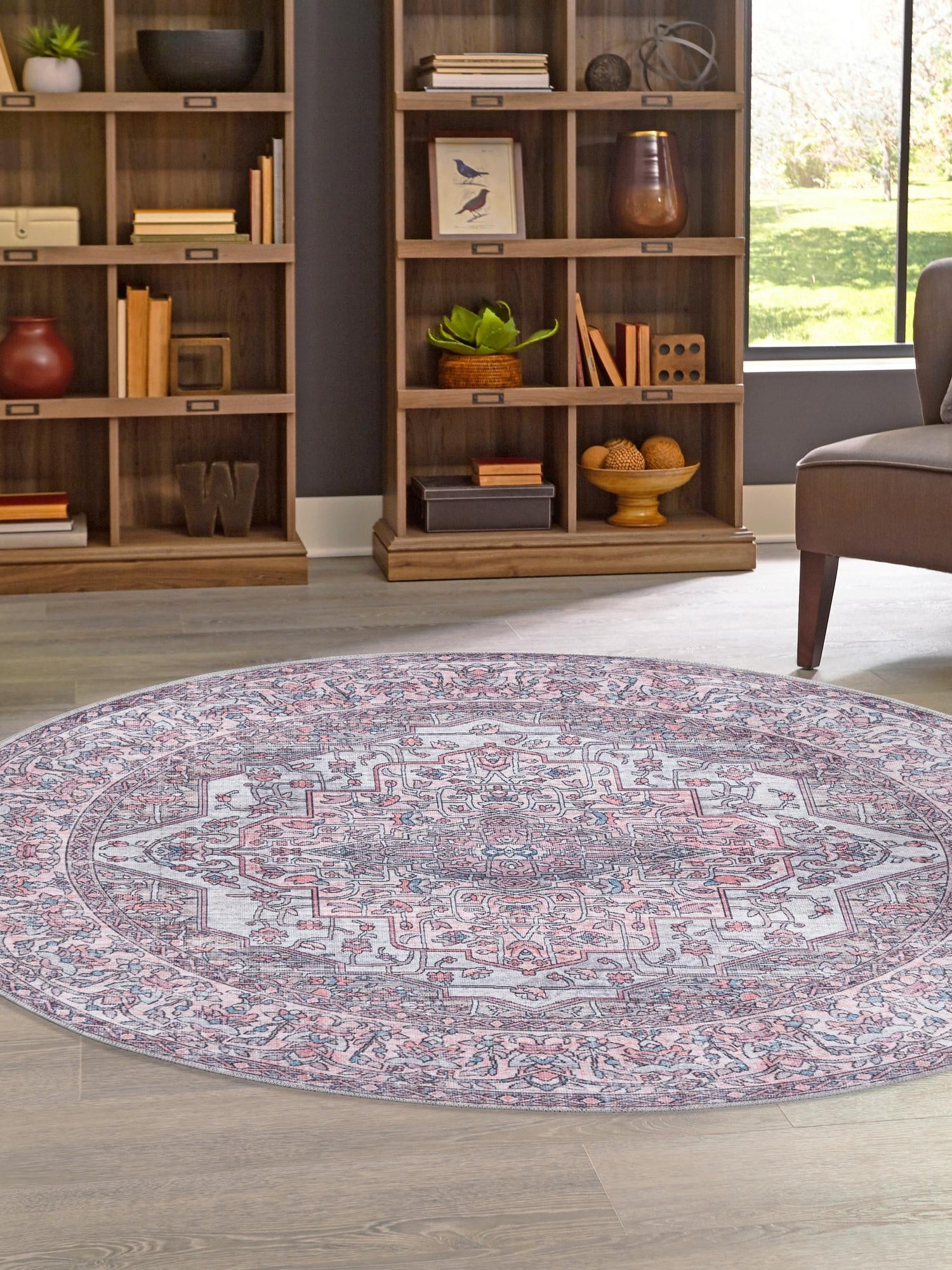 Washable Beige and pink 5' 3 x 5' 3 Mangata Round Area Rug Easy to Clean Stain Resistant & Durable Chenille Traditional Vintage Distressed Carpet for Sale at Rug Engine