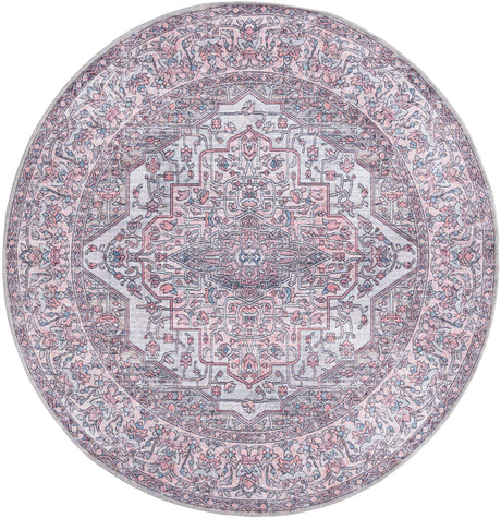 Washable Beige and pink 5' 3 x 5' 3 Mangata Round Area Rug Easy to Clean Stain Resistant & Durable Chenille Traditional Vintage Distressed Carpet for Sale at Rug Engine