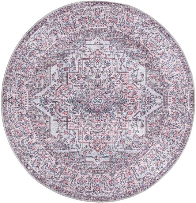 Washable Beige and pink 5' 3 x 5' 3 Mangata Round Area Rug Easy to Clean Stain Resistant & Durable Chenille Traditional Vintage Distressed Carpet for Sale at Rug Engine