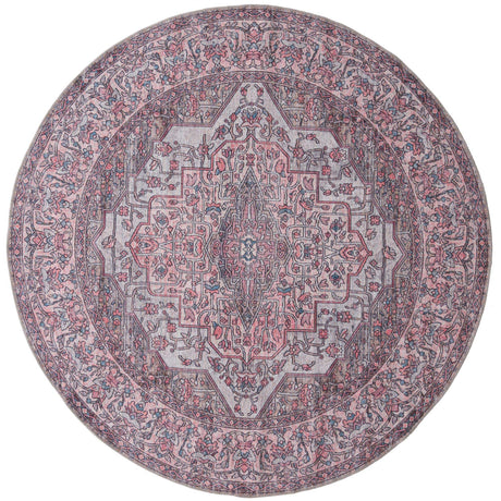 Washable Beige and pink 7' 3 x 7' 3 Mangata Round Area Rug Easy to Clean Stain Resistant & Durable Chenille Traditional Vintage Distressed Carpet for Sale at Rug Engine