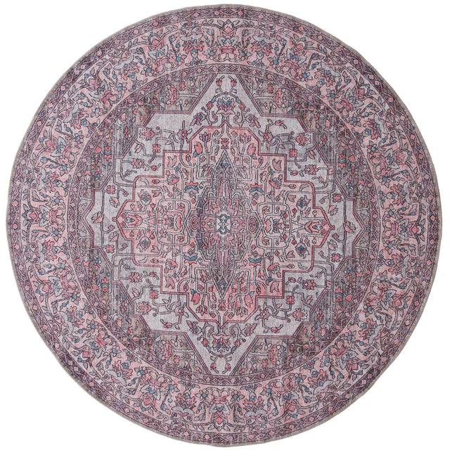 Washable Beige and pink 7' 3 x 7' 3 Mangata Round Area Rug Easy to Clean Stain Resistant & Durable Chenille Traditional Vintage Distressed Carpet for Sale at Rug Engine