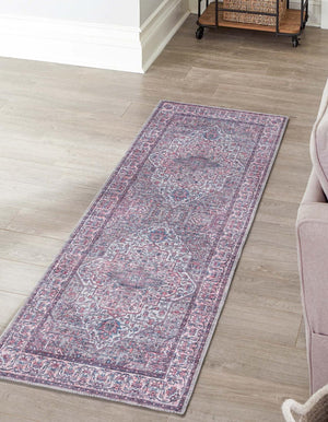 Washable Beige and pink 2' 7 x 13' Mangata Runner Area Rug Easy to Clean Stain Resistant & Durable Chenille Traditional Vintage Distressed Carpet for Sale at Rug Engine