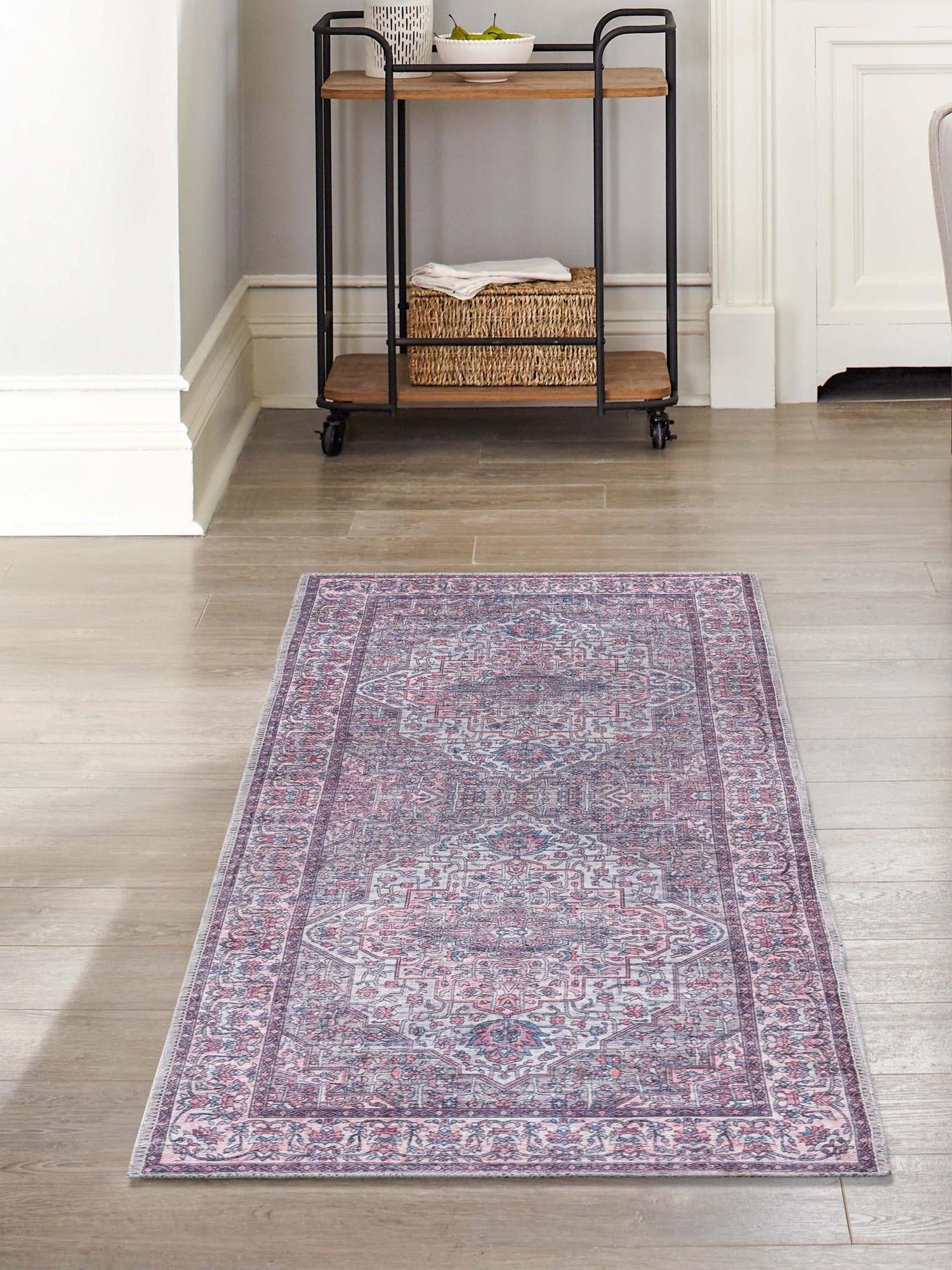 Washable Beige and pink 2' x 6' Mangata Runner Area Rug Easy to Clean Stain Resistant & Durable Chenille Traditional Vintage Distressed Carpet for Sale at Rug Engine