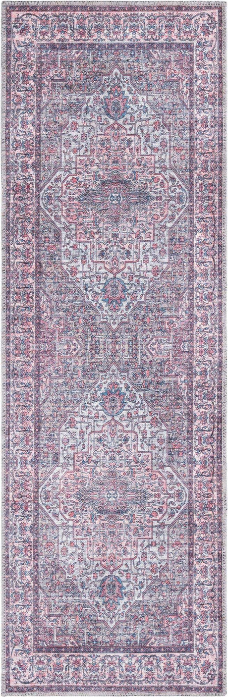 Washable Beige and pink 2' x 6' Mangata Runner Area Rug Easy to Clean Stain Resistant & Durable Chenille Traditional Vintage Distressed Carpet for Sale at Rug Engine
